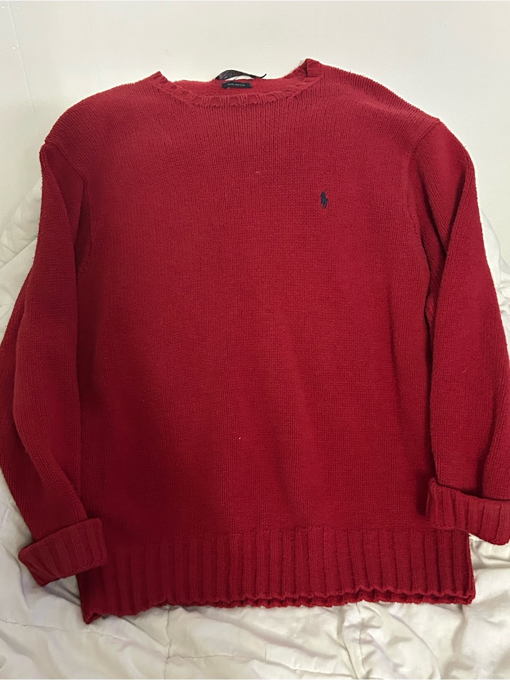 Ralph Lauren Mens Red Cotton Crewneck Sweater with Pony Logo